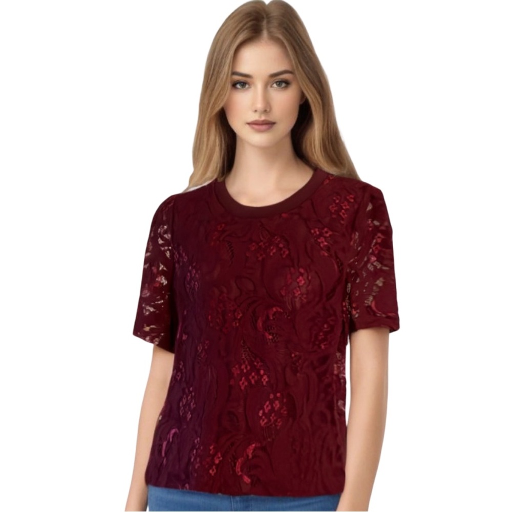 Floral Lace Crew Neck Berry Overlay Short Sleeve Top Size Large